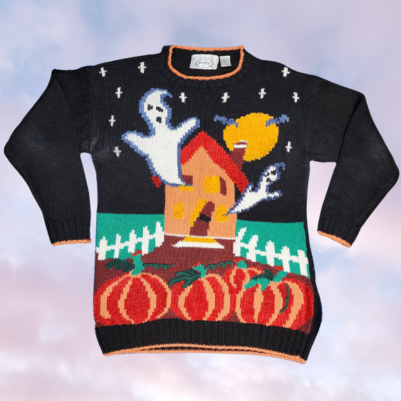 Nuggets Sweaters - Vtg 90s Nuggets Black Orange Halloween Ghost Pumpkin Moon Chunky Knit Sweater M